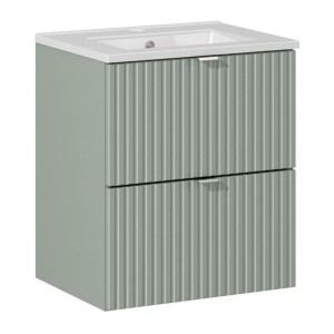 Ensemble ELVINA 50cm : meuble sous vasque à tiroirs vert sauge gris et vasque encastrée blanche
