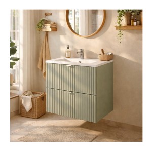 Ensemble ELVINA 50cm : meuble sous vasque à tiroirs vert sauge gris et vasque encastrée blanche mis en situation