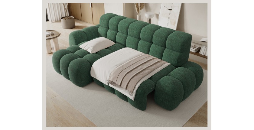 Canapé d’angle convertible BULLA 3 places vert émeraude angle gauche – tissu bouclette avec extension d’assise électrique