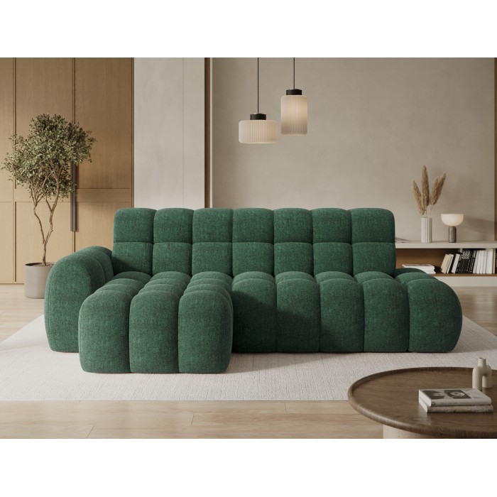 Ecksofa BULLA 3-Sitzer in Smaragdgrün mit linker Ausrichtung – Bouclé-Stoff mit elektrischer Sitzverlängerung