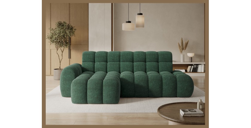 Canapé d’angle convertible BULLA 3 places vert émeraude angle gauche – tissu bouclette avec extension d’assise électrique