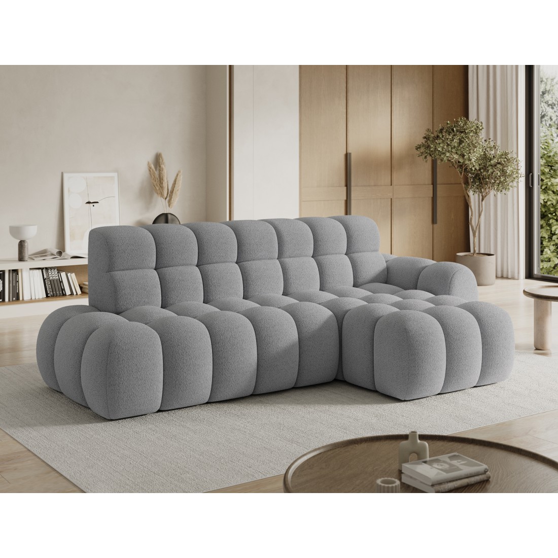 Canapé d’angle convertible BULLA 3 places gris – tissu bouclette avec extension d’assise électrique