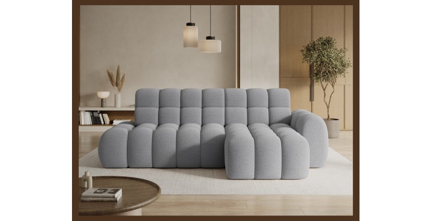 Canapé d’angle convertible BULLA 3 places gris – tissu bouclette avec extension d’assise électrique