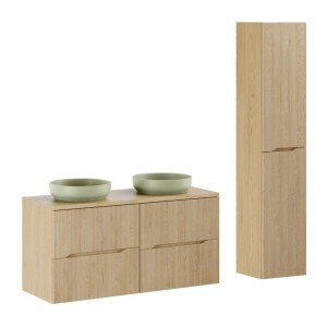 Ensemble NATURE 155cm : meubles sous vasque, vasques à poser vertes olives, colonne