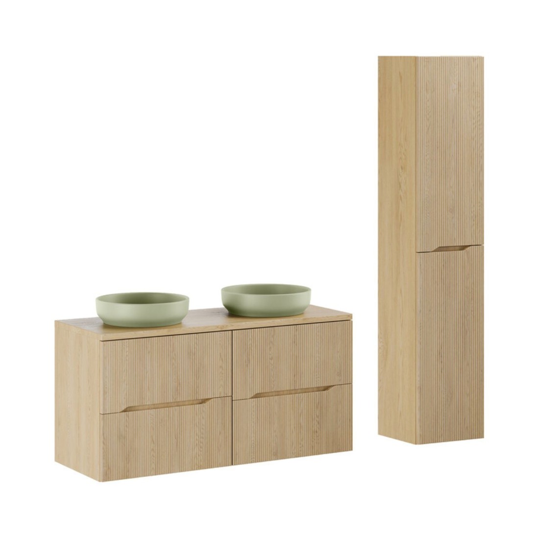 Ensemble NATURE 155cm : meubles sous vasque, vasques à poser vertes olives, colonne
