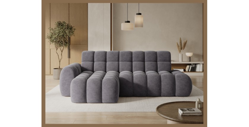 Canapé d’angle convertible BULLA 3 places gris – tissu effet alcantara avec extension d’assise électrique