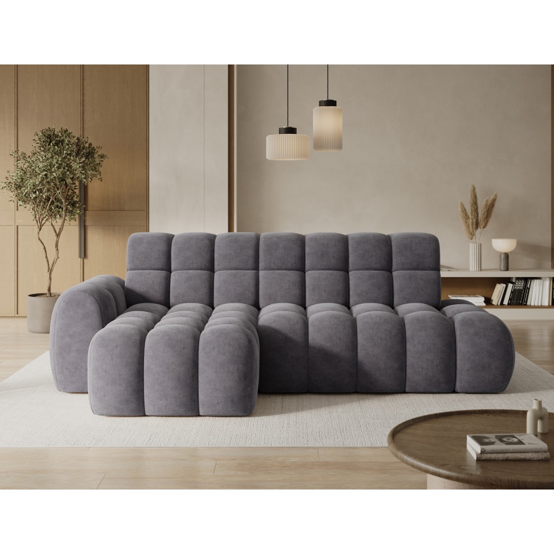 Canapé d’angle convertible BULLA 3 places gris – tissu effet alcantara avec extension d’assise électrique