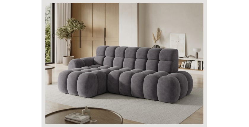 Canapé d’angle convertible BULLA 3 places gris – tissu effet alcantara avec extension d’assise électrique