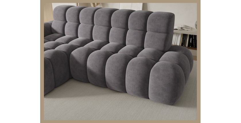 Canapé d’angle convertible BULLA 3 places gris – tissu effet alcantara avec extension d’assise électrique