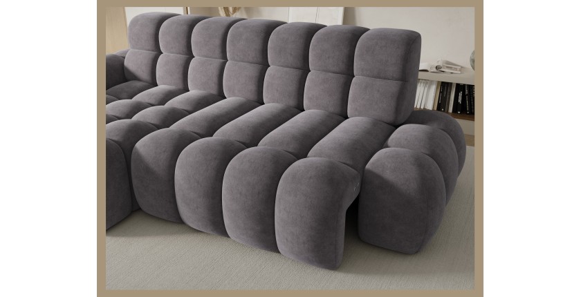 Canapé d’angle convertible BULLA 3 places gris – tissu effet alcantara avec extension d’assise électrique