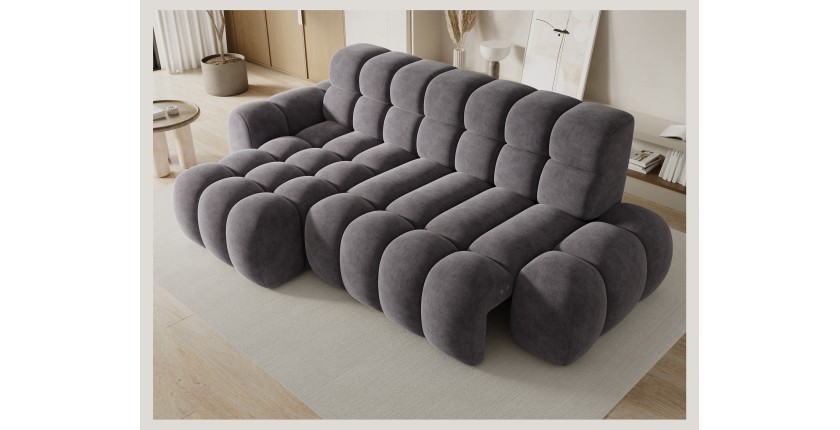 Canapé d’angle convertible BULLA 3 places gris – tissu effet alcantara avec extension d’assise électrique