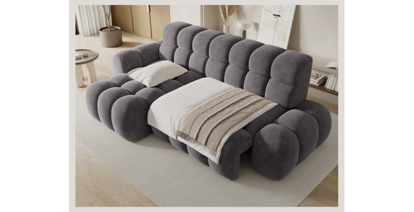 Canapé d’angle convertible BULLA 3 places gris – tissu effet alcantara avec extension d’assise électrique
