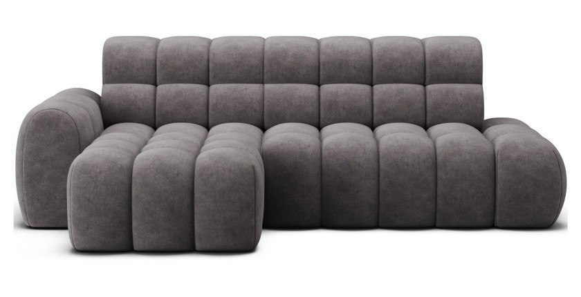Canapé d’angle convertible BULLA 3 places gris – tissu effet alcantara avec extension d’assise électrique