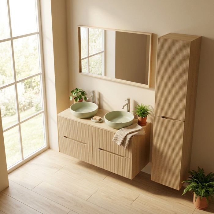 Set NATURA 155cm: onderkasten 60cm + blad voor wastafel + groene ronde opbouwwastafels + kolomkast