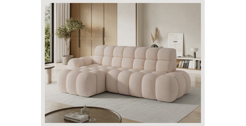 Canapé d’angle convertible BULLA 3 places beige – velours côtelé avec extension d’assise électrique