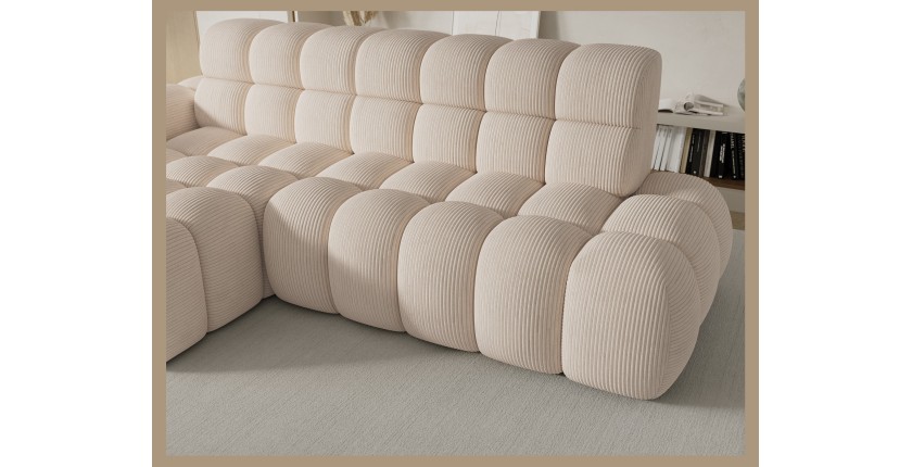 Canapé d’angle convertible BULLA 3 places beige – velours côtelé avec extension d’assise électrique