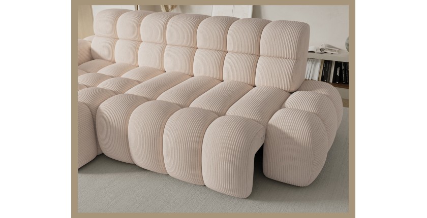 Canapé d’angle convertible BULLA 3 places beige – velours côtelé avec extension d’assise électrique