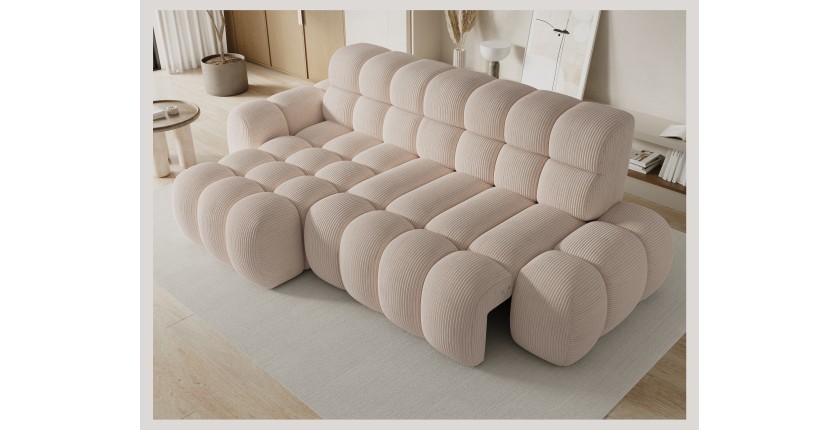Canapé d’angle convertible BULLA 3 places beige – velours côtelé avec extension d’assise électrique