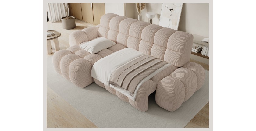 Canapé d’angle convertible BULLA 3 places beige – velours côtelé avec extension d’assise électrique