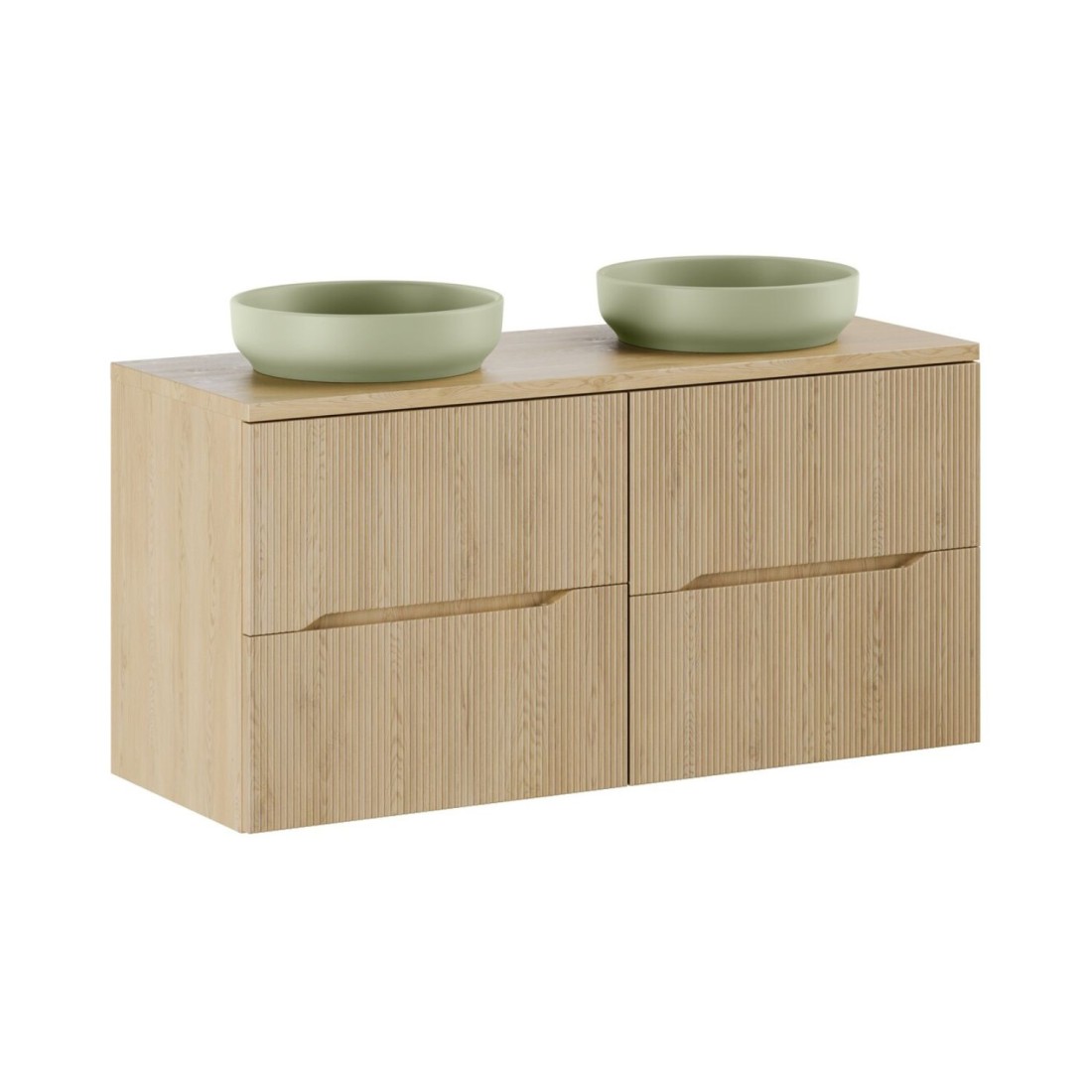 Ensemble de salle de bain suspendu NATURA 120cm : meubles sous vasque 60cm + plan pour vasque + vasques à poser rondes vertes