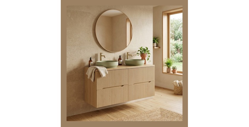 Ensemble de salle de bain suspendu NATURA 120cm : meubles sous vasque 60cm + plan pour vasque + vasques à poser rondes vertes