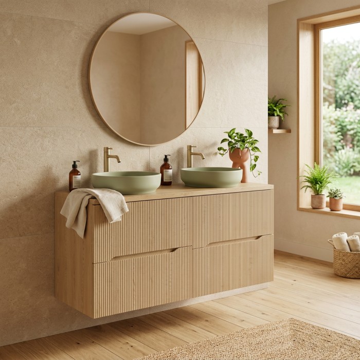 Insieme da bagno sospeso NATURA 120cm: mobile sottolavabo 60cm in legno chiaro con scanalature verticali