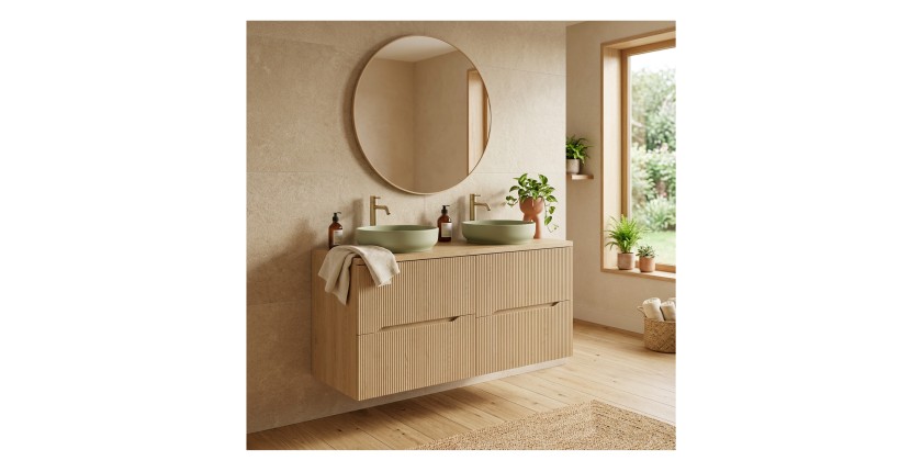 Ensemble de salle de bain suspendu NATURA 120cm : meubles sous vasque 60cm aspect bois clair rainuré verticalement