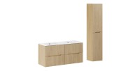 Ensemble de salle de bain suspendu NATURA 155cm : meubles sous vasque 60cm + double vasque encastrée + colonne