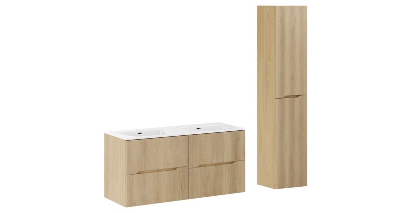 Ensemble de salle de bain suspendu NATURA 155cm : meubles sous vasque 60cm + double vasque encastrée + colonne