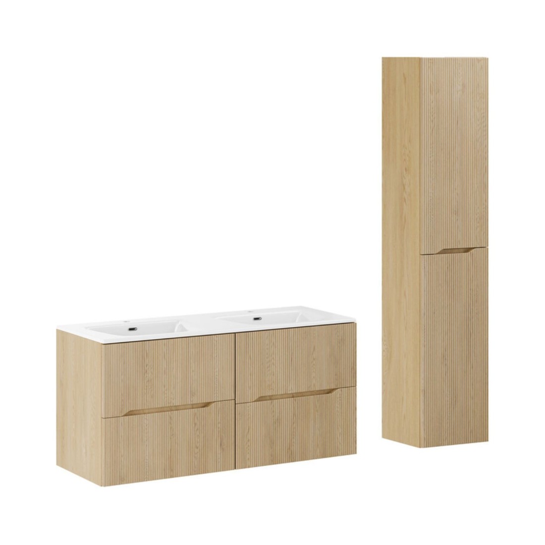 Ensemble de salle de bain suspendu NATURA 155cm : meubles sous vasque 60cm + double vasque encastrée + colonne