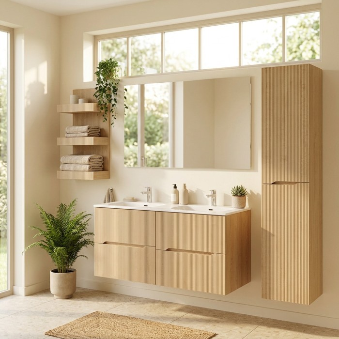 Wandhängendes Badezimmer-Set NATURA 155cm: Unterschränke 60cm + Doppel-Einbauwaschbecken + Hochschrank