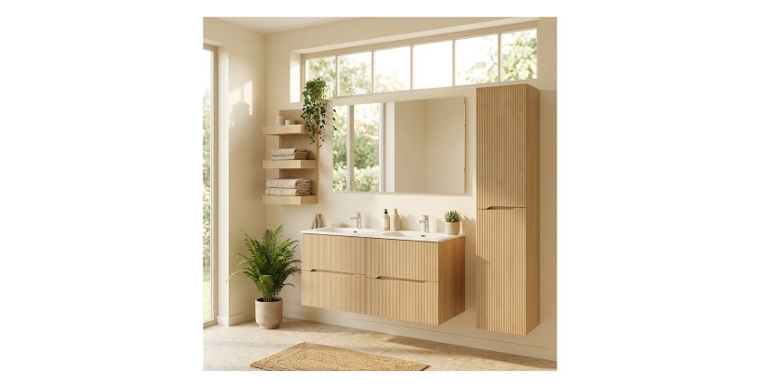 Ensemble de salle de bain suspendu NATURA 155cm : meubles sous vasque 60cm + double vasque encastrée + colonne