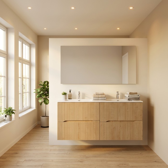 Conjunto de baño suspendido NATURA 155cm: muebles bajo lavabo 60cm + doble lavabo empotrado