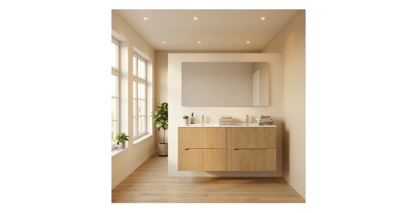 Ensemble de salle de bain suspendu NATURA 155cm : meubles sous vasque 60cm + double vasque encastrée