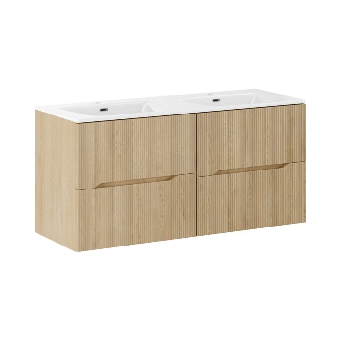 Conjunto de baño suspendido NATURA 155cm: muebles bajo lavabo 60cm + doble lavabo empotrado