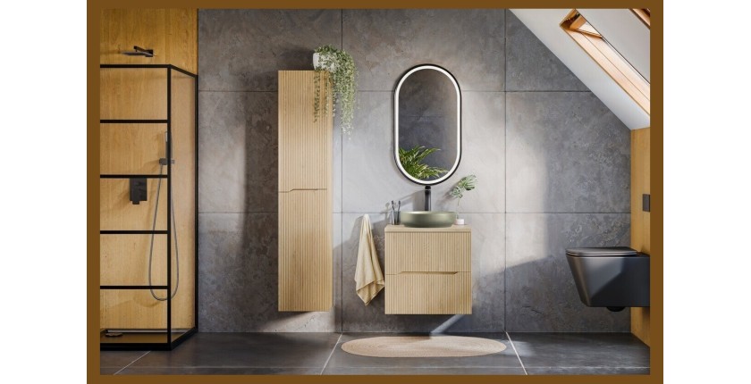 Ensemble NATURA 95cm : meuble sous vasque 60cm + plan pour vasque + vasque à poser ronde verte + colonne