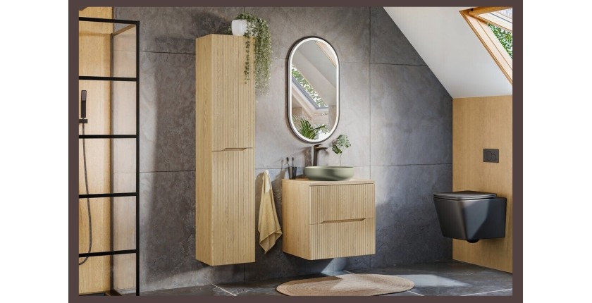 Ensemble NATURA 95cm : meuble sous vasque 60cm + plan pour vasque + vasque à poser ronde verte + colonne