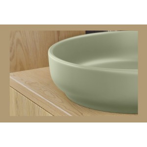 Ensemble NATURA 95cm : meuble sous vasque 60cm + plan pour vasque + vasque à poser ronde verte + colonne