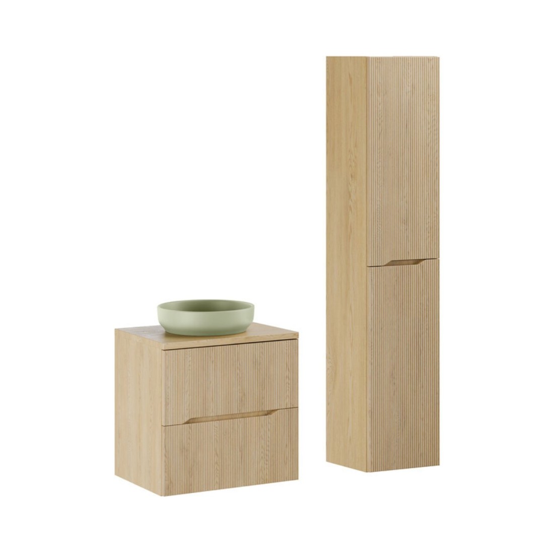 Ensemble NATURA 95cm : meuble sous vasque 60cm + plan pour vasque + vasque à poser ronde verte + colonne