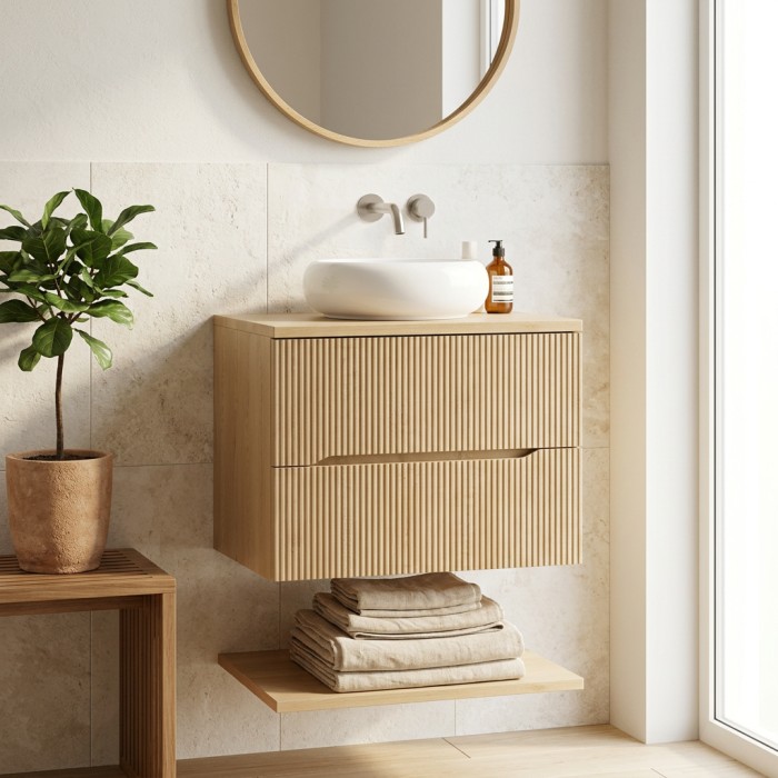 Set bagno sospeso NATURA 60cm: mobile sotto lavabo + piano per lavabo + lavabo da appoggio rotondo bianco