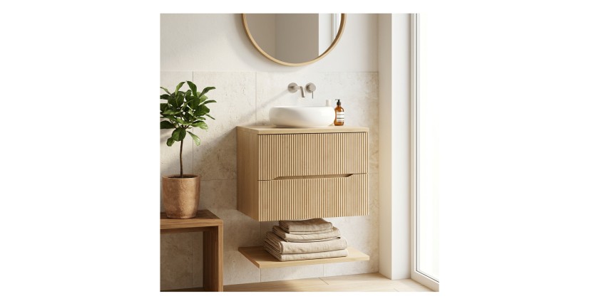 Ensemble de salle de bain suspendu NATURA 60cm : meuble sous vasque + plan pour vasque + vasque à poser ronde blanche