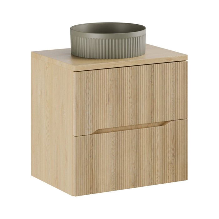 Badezimmer-Set NATURA 60cm: Unterschrank + Platte für Waschbecken + rundes, gerilltes, kaki-grünes Aufsatzwaschbecken
