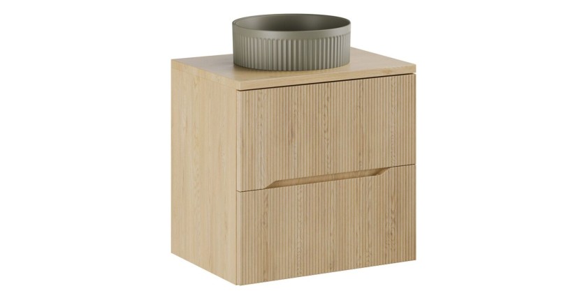 Ensemble de salle de bain NATURA 60cm : meuble sous vasque + plan pour vasque + vasque à poser ronde verte kaki rainurée