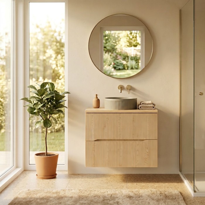 Badezimmer-Set NATURA 60cm: Unterschrank + Platte für Waschbecken + rundes, gerilltes, kaki-grünes Aufsatzwaschbecken