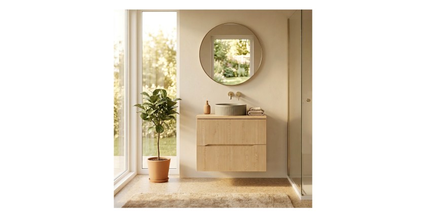 Ensemble de salle de bain NATURA 60cm : meuble sous vasque + plan pour vasque + vasque à poser ronde verte kaki rainurée