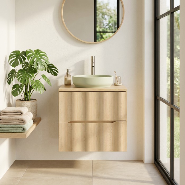Ensemble NATURA 60cm : meuble sous vasque et plan pour vasque mis en situation