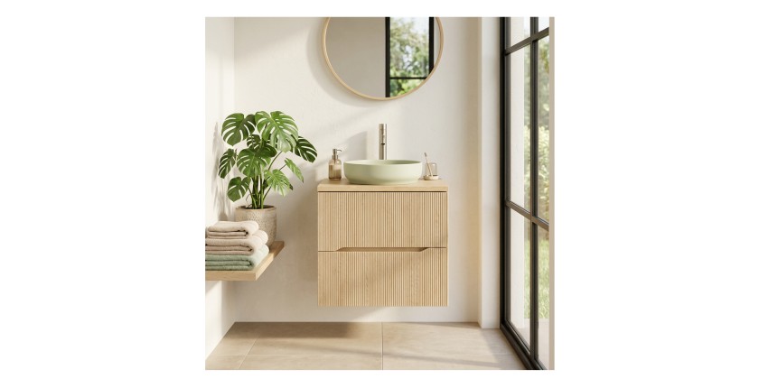 Ensemble de salle de bain NATURA 60cm : meuble sous vasque + plan pour vasque aspect bois clair rainuré verticalement