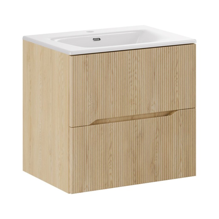 Badezimmer-Set NATURA 60cm: Waschtischunterschrank in hell gerilltem Holzdesign vertikal + eingelassenes Waschbecken