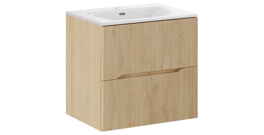 Ensemble de salle de bain NATURA 60cm : meuble sous vasque aspect bois clair rainuré verticalement + vasque encastrée