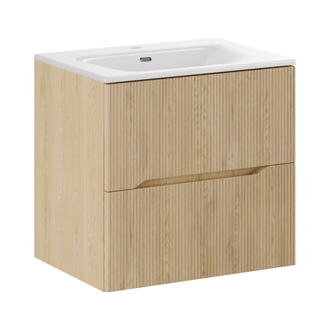 Ensemble de salle de bain NATURA 60cm : meuble sous vasque aspect bois clair rainuré verticalement + vasque encastrée